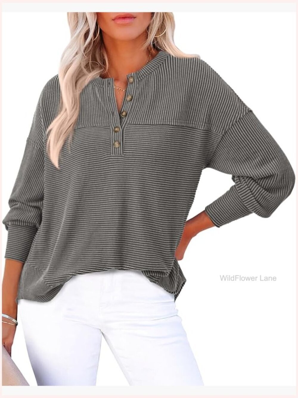 Ribbed Knit Long Sleeve Henley Tunic Blouse Loose Fit